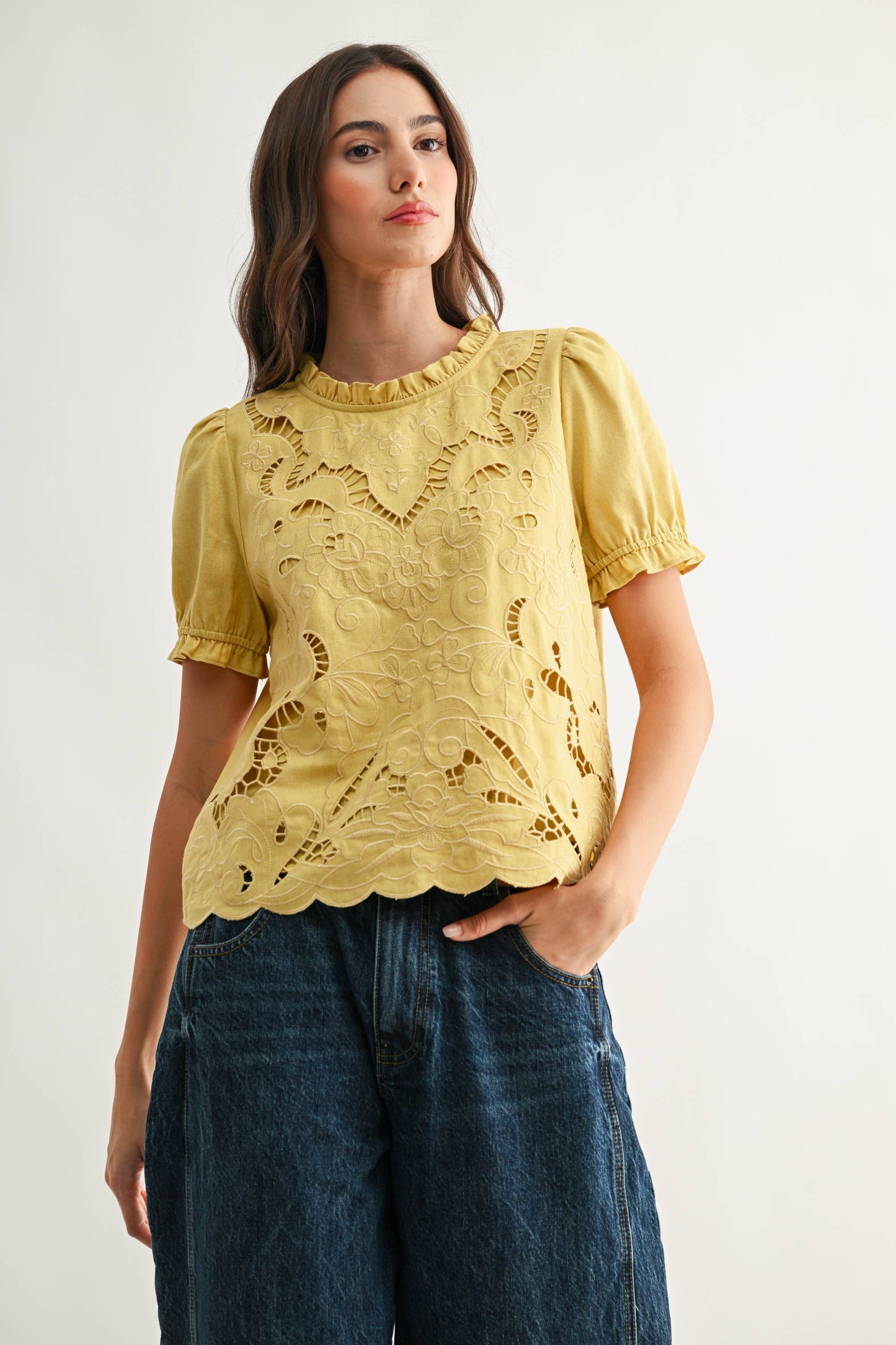 Embroidered Ruffle Linen Blouse