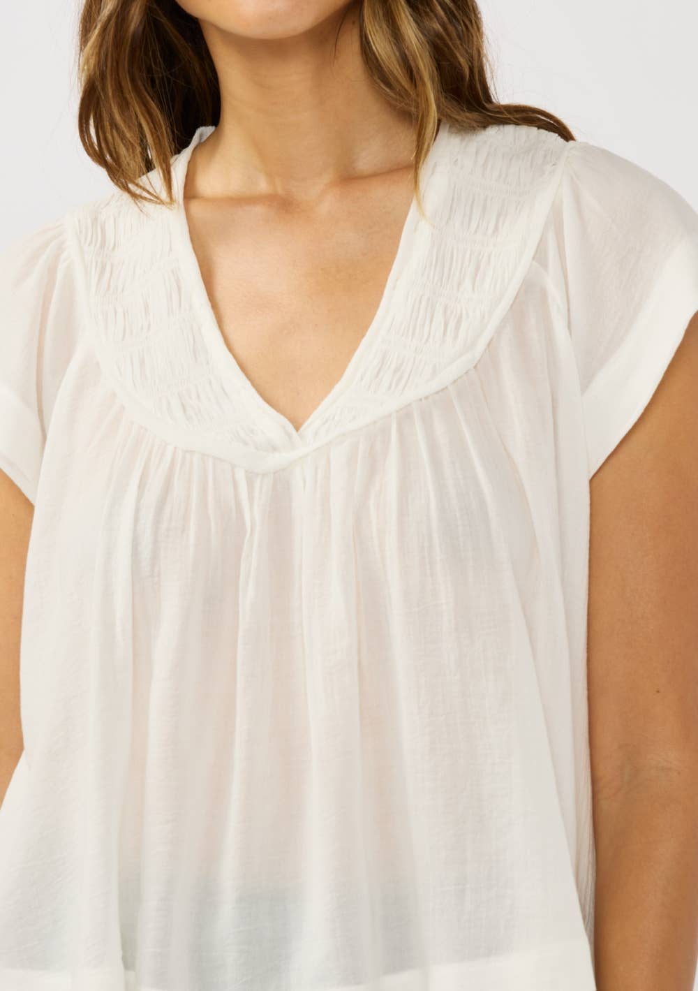 Smocked V-Neck Yoke Top