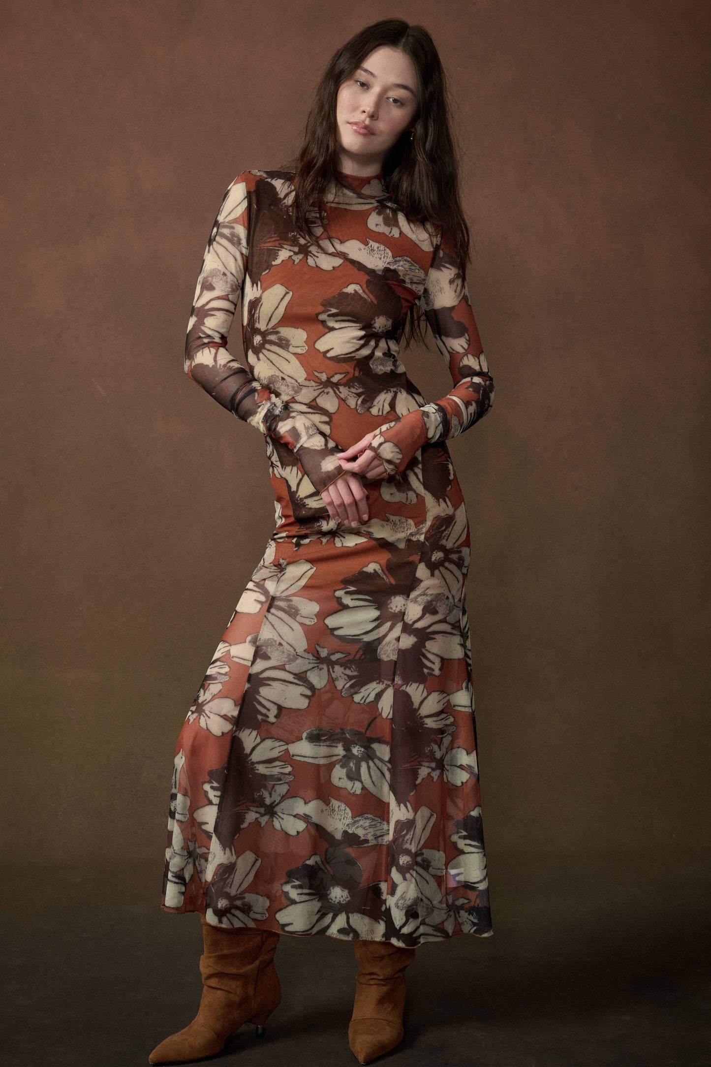 Floral-Print Mesh Mock-Neck Thumbhole Maxi Dress