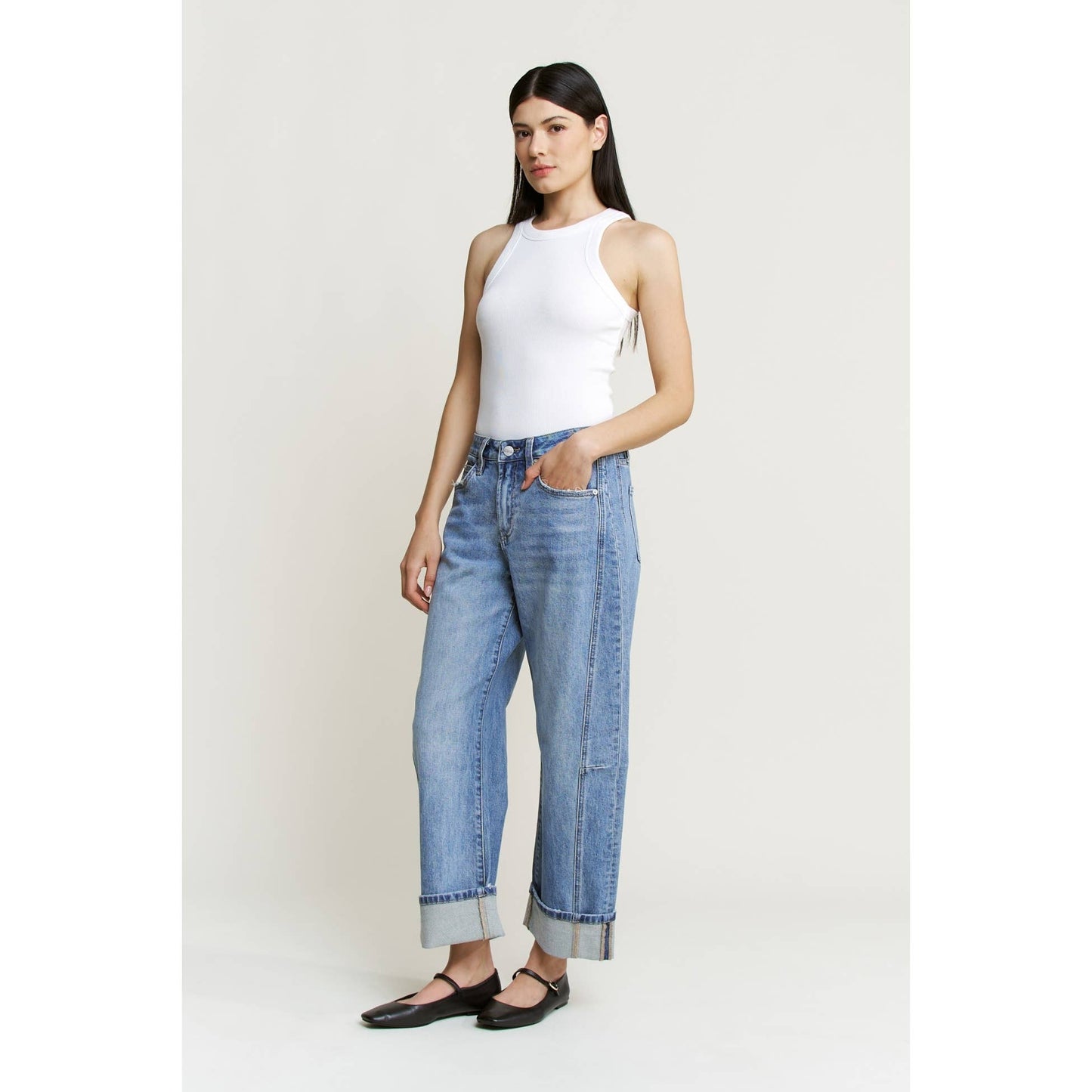 High Rise Cuffed Barrel Denim