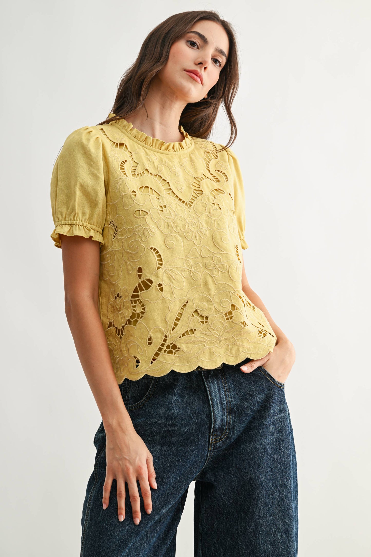 Embroidered Ruffle Linen Blouse