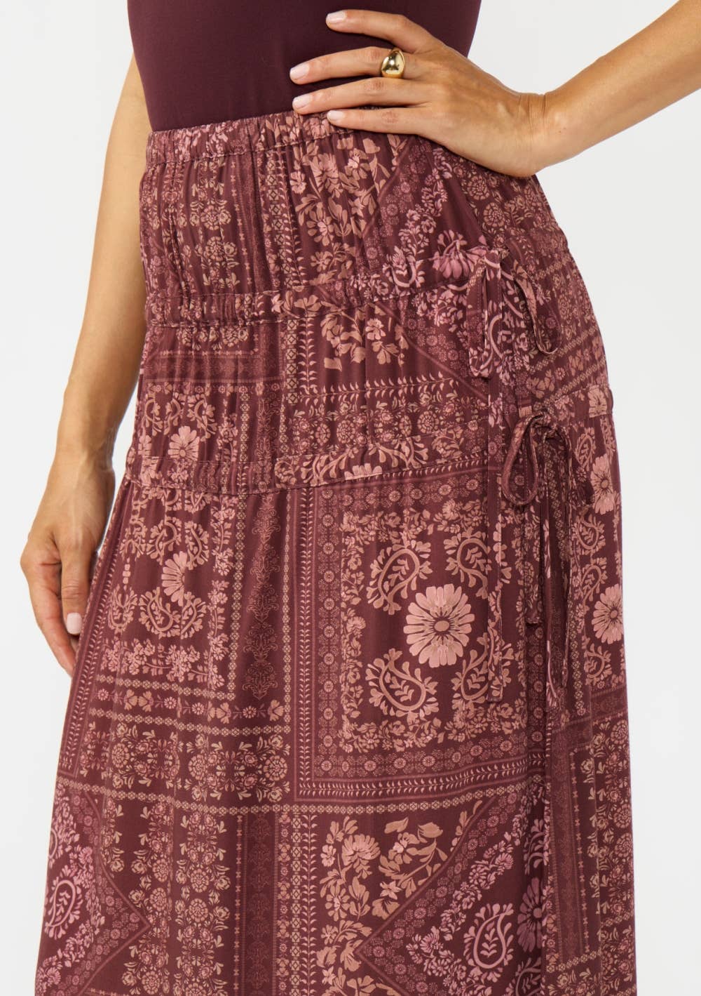 Gathered Waist Maxi Skirt with Side Tie Details