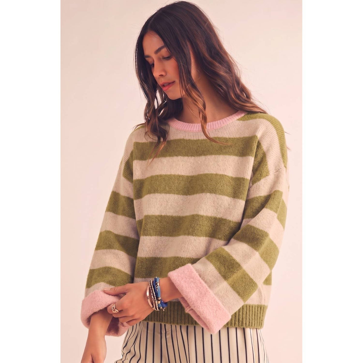 Stripe Relaxed Contrast Cuff Sweater