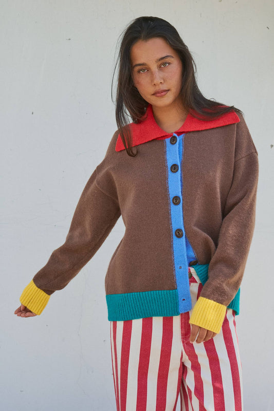 Colorblock Collared Button-Down Knit Cardigan