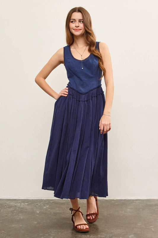 Frayed Corset Bodice Midi Dress