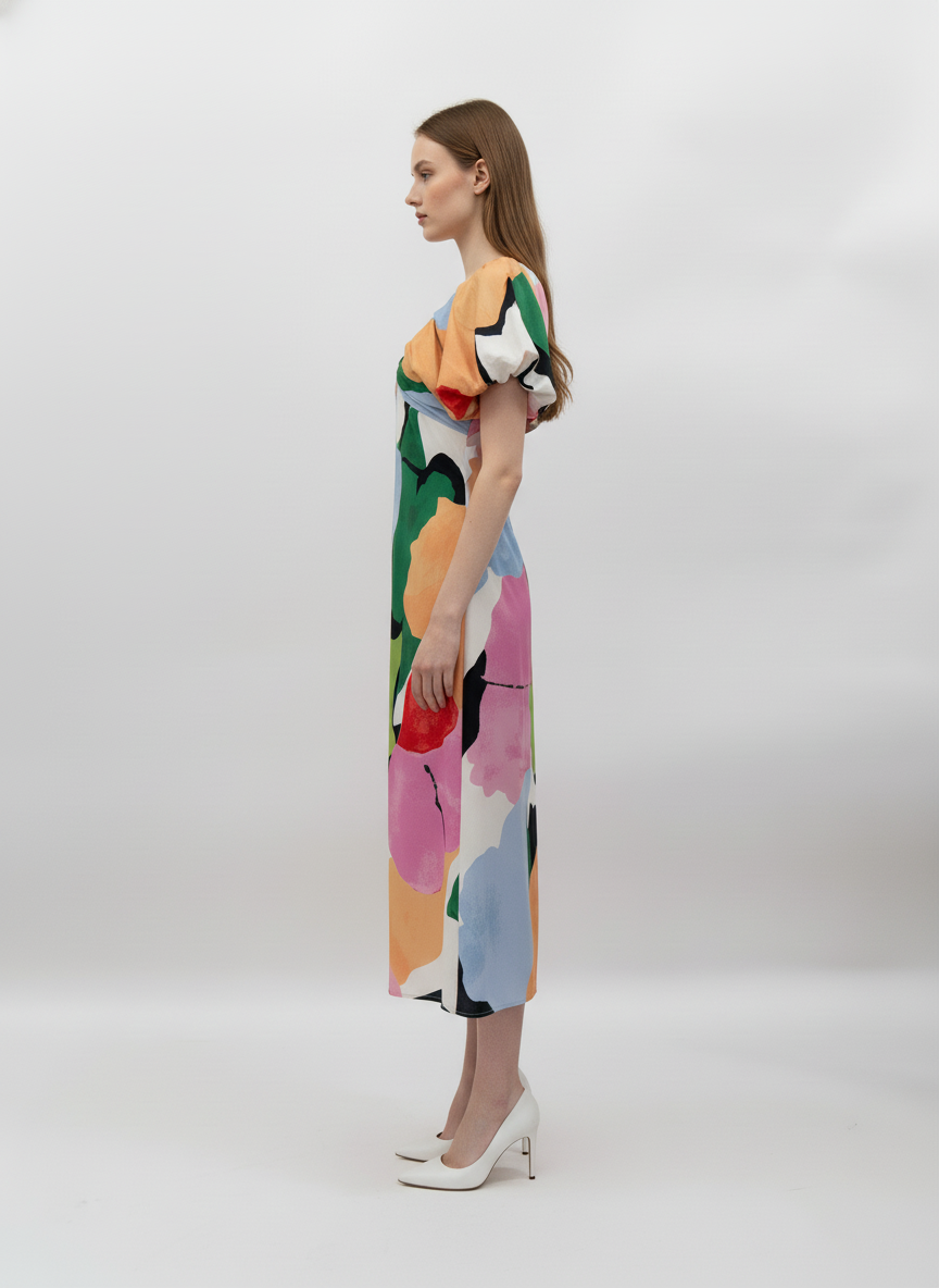 Puff Sleeve Watercolor Maxi Dress