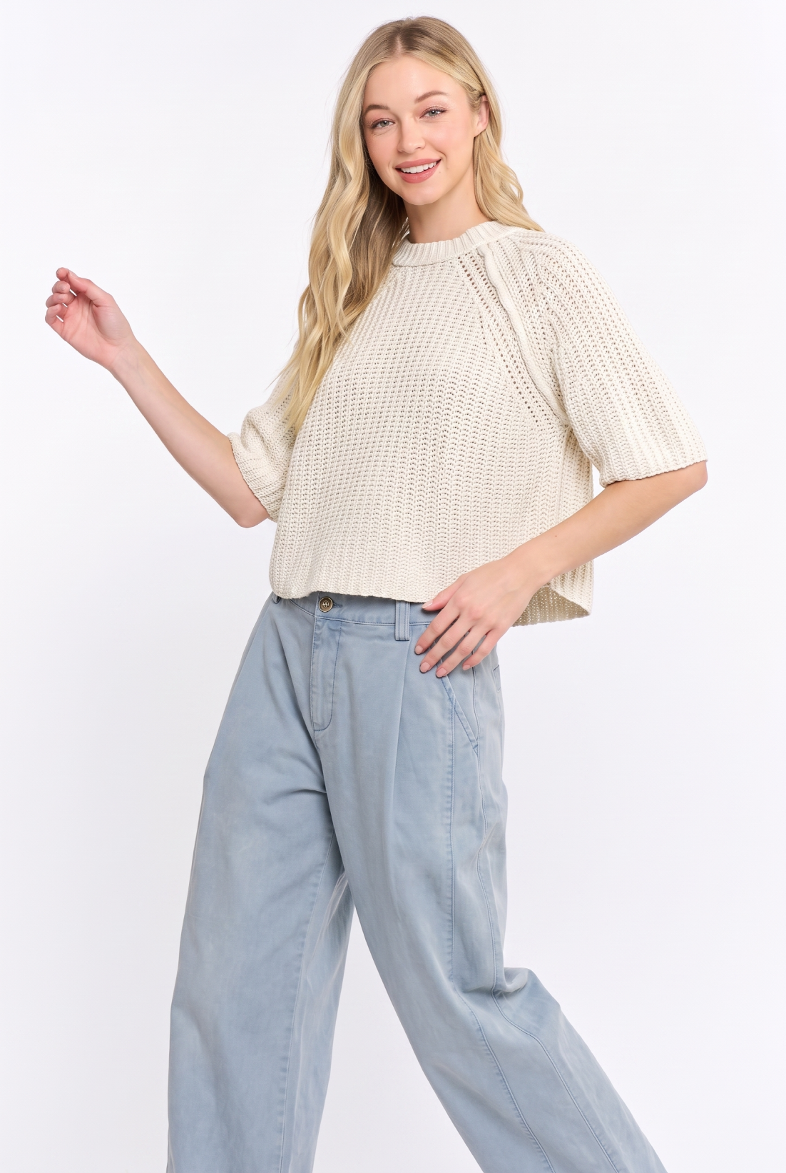 Cable Knit Short Sleeve Swing Sweater