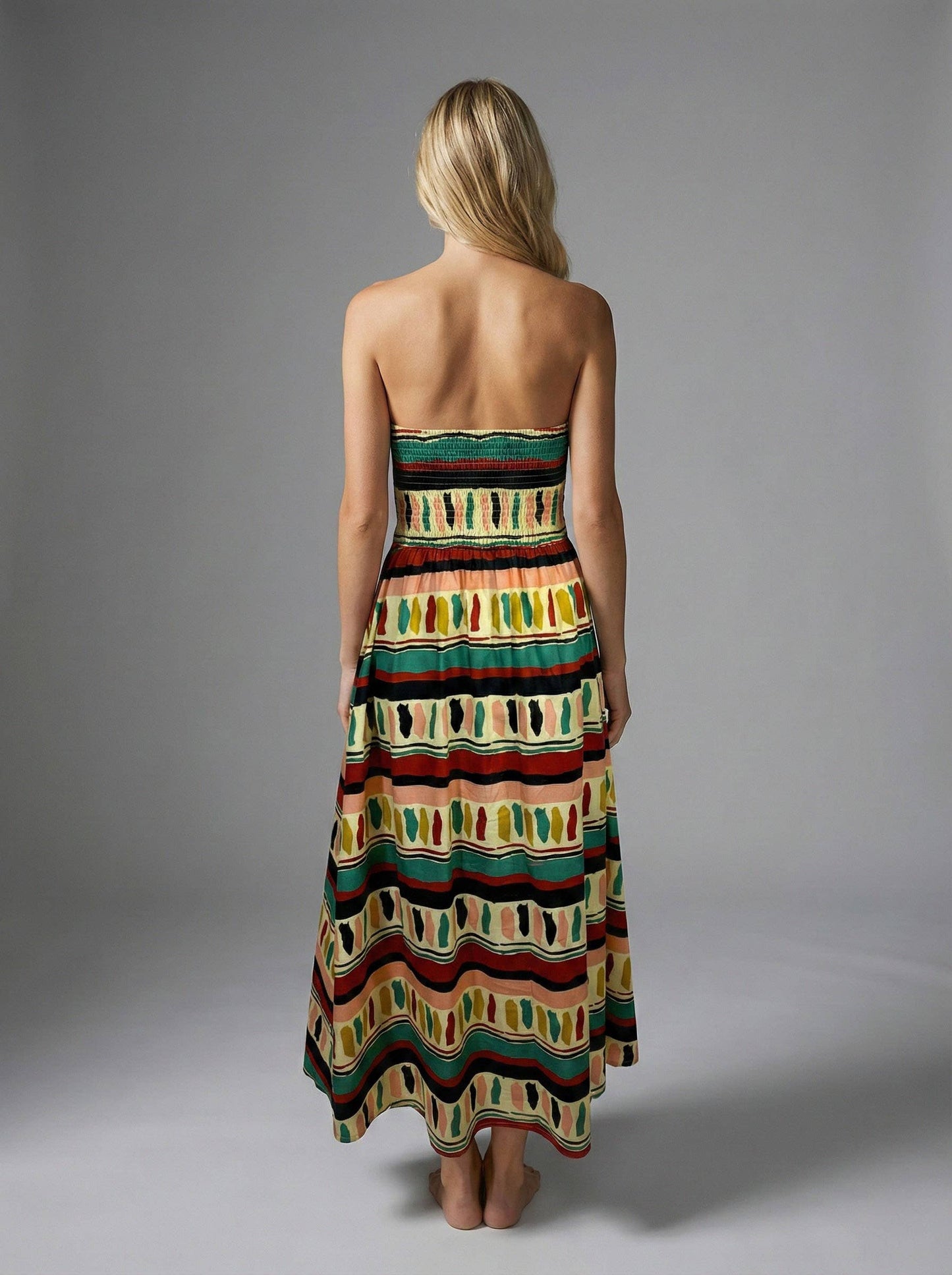 Multi Stripe Poplin Strapless Maxi Dress