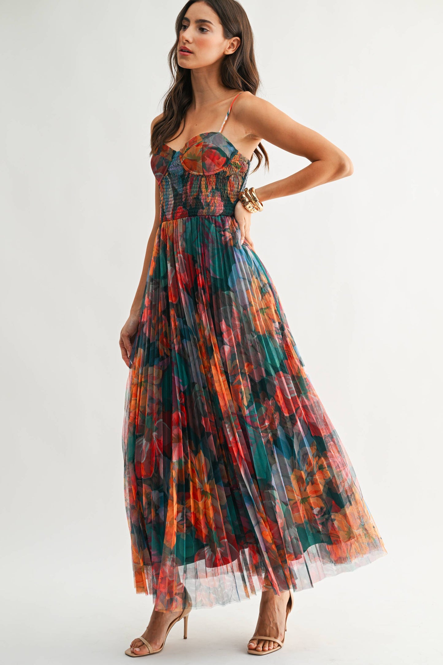 Pleated Floral Tulle Maxi Dress