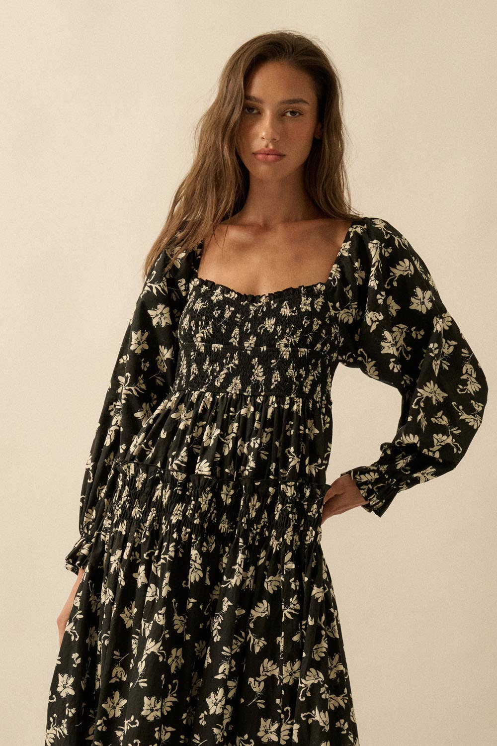 Floral-Print Smocked Bubble-Sleeve Midi Dress