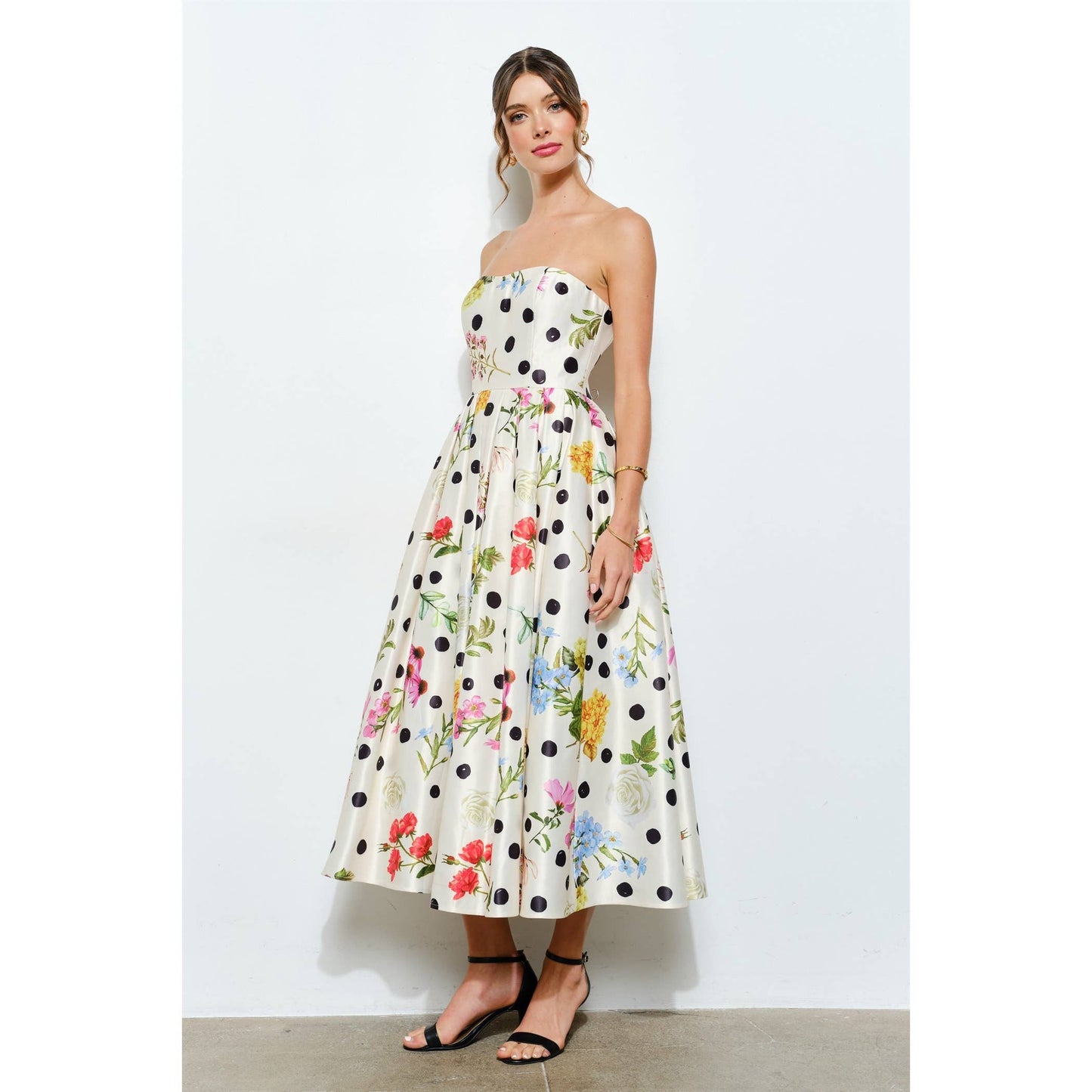 Floral Polka Dot Strapless Satin Dress