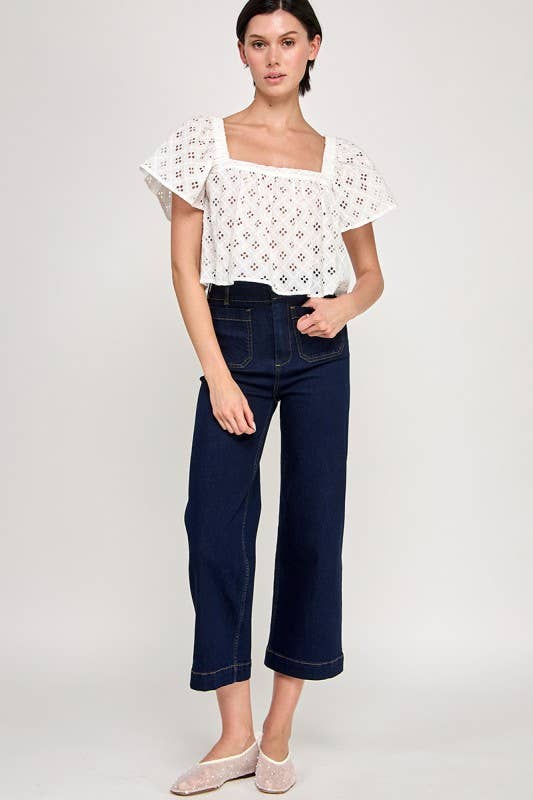 Cropped Eyelet Flutter Blouse