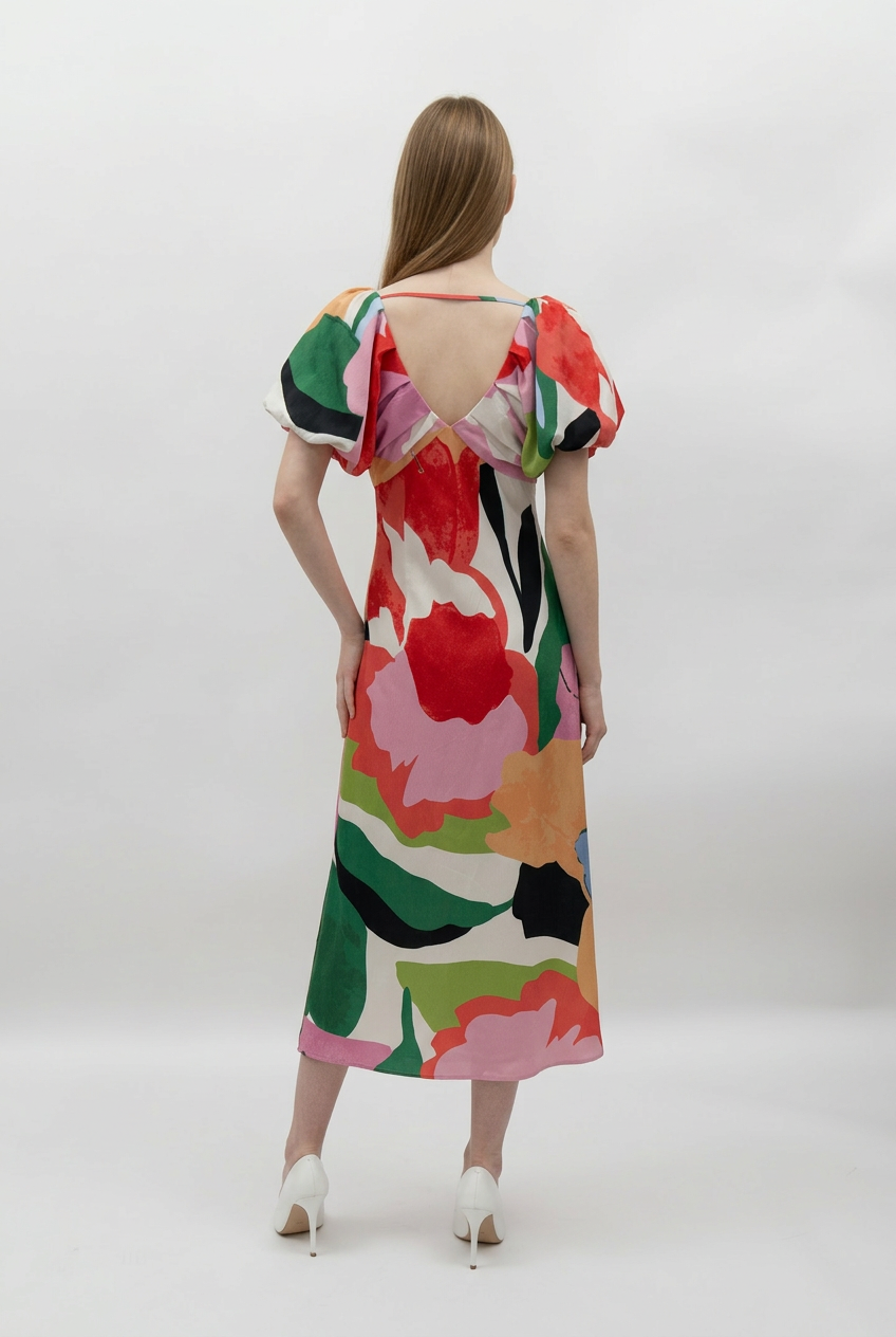 Puff Sleeve Watercolor Maxi Dress