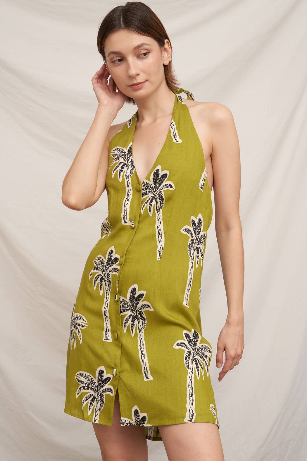 Halter Neck Palm Tree Print Mini Dress