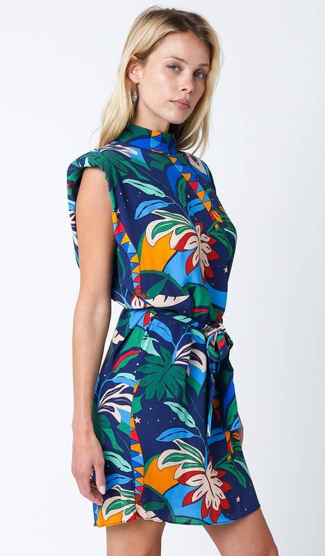 Tropical Mock-Neck Woven Mini Dress