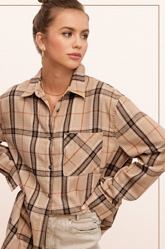 Tan Plaid Flannel Button Down