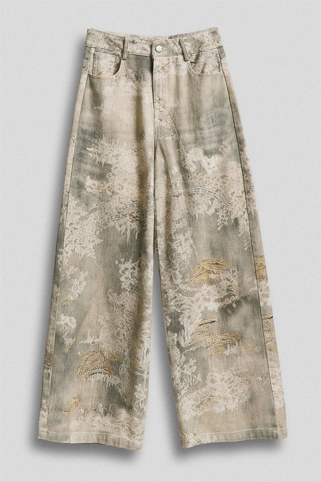 Lace Print Wide Leg Cotton Pants