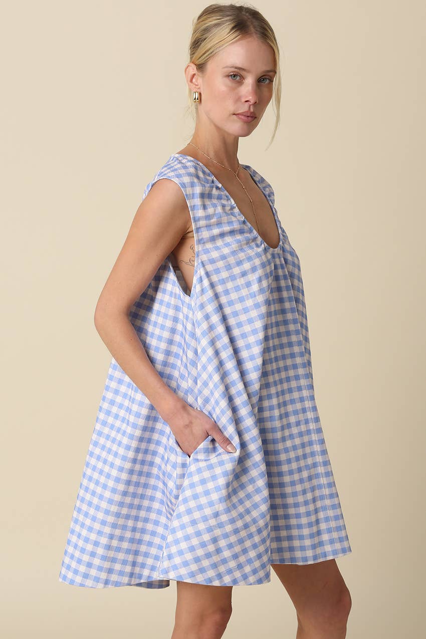 Gingham Denim Swing Mini Dress