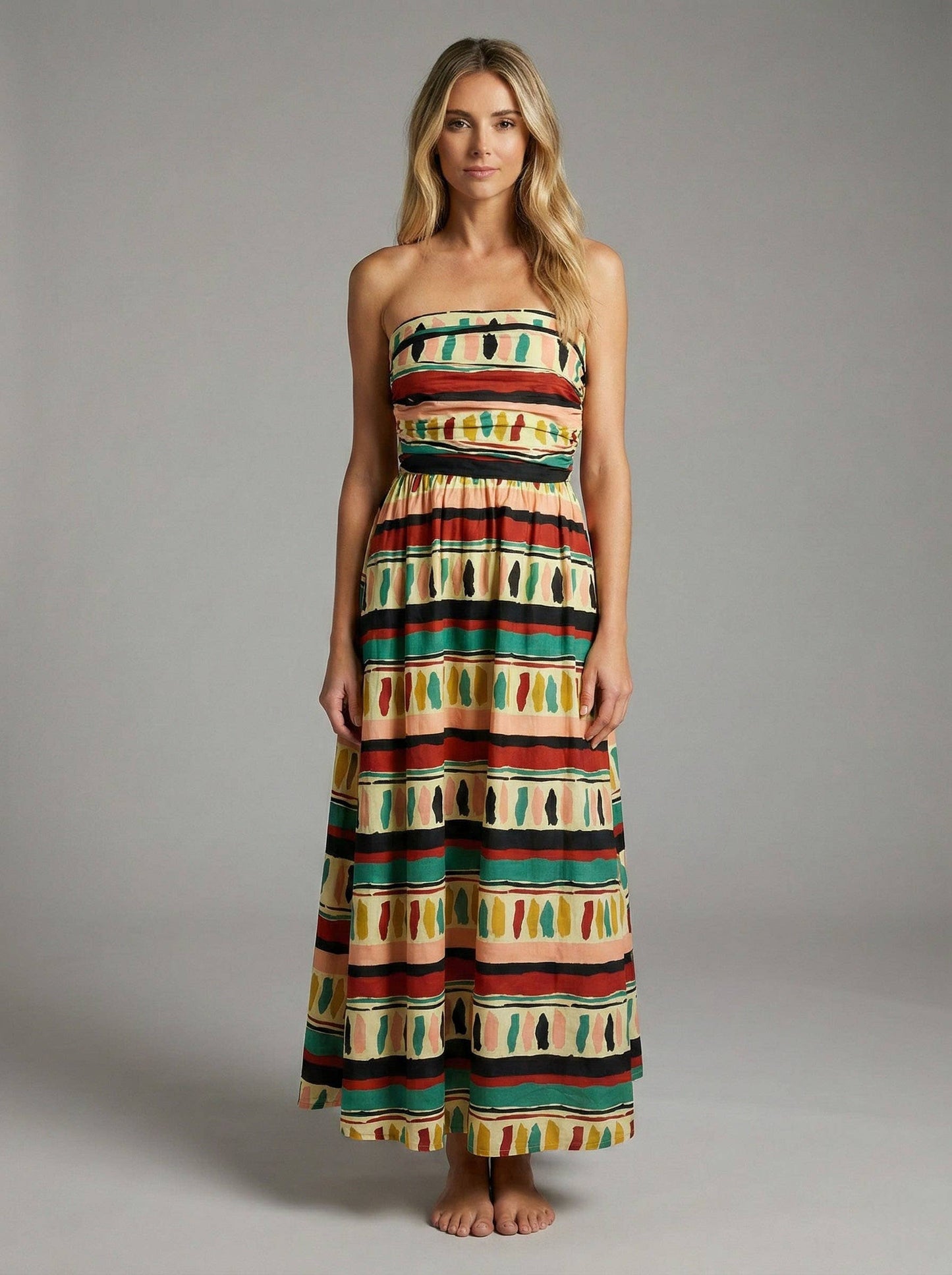 Multi Stripe Poplin Strapless Maxi Dress
