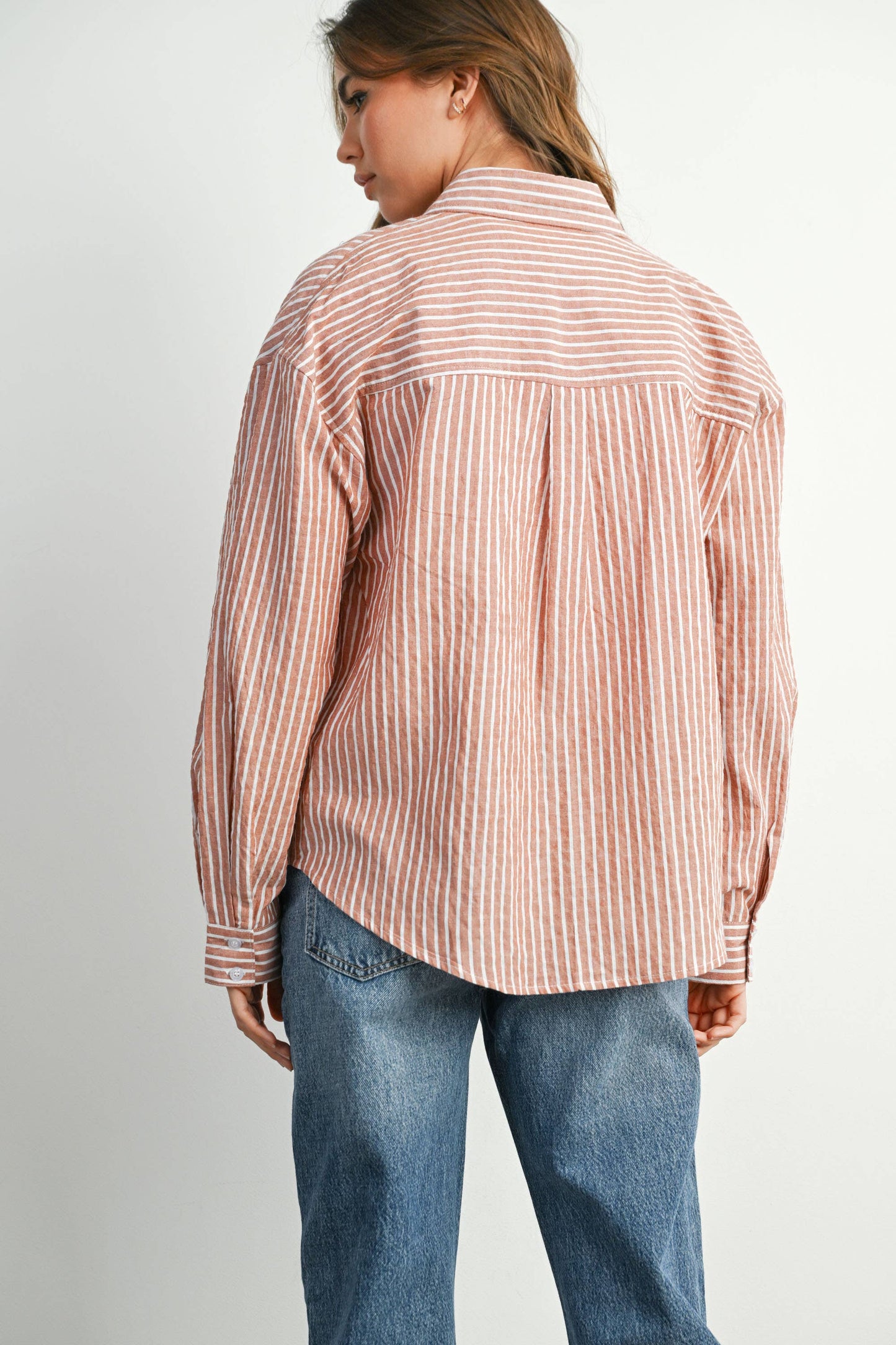 Cropped Striped Button-Up Collared Long Sleeve Top