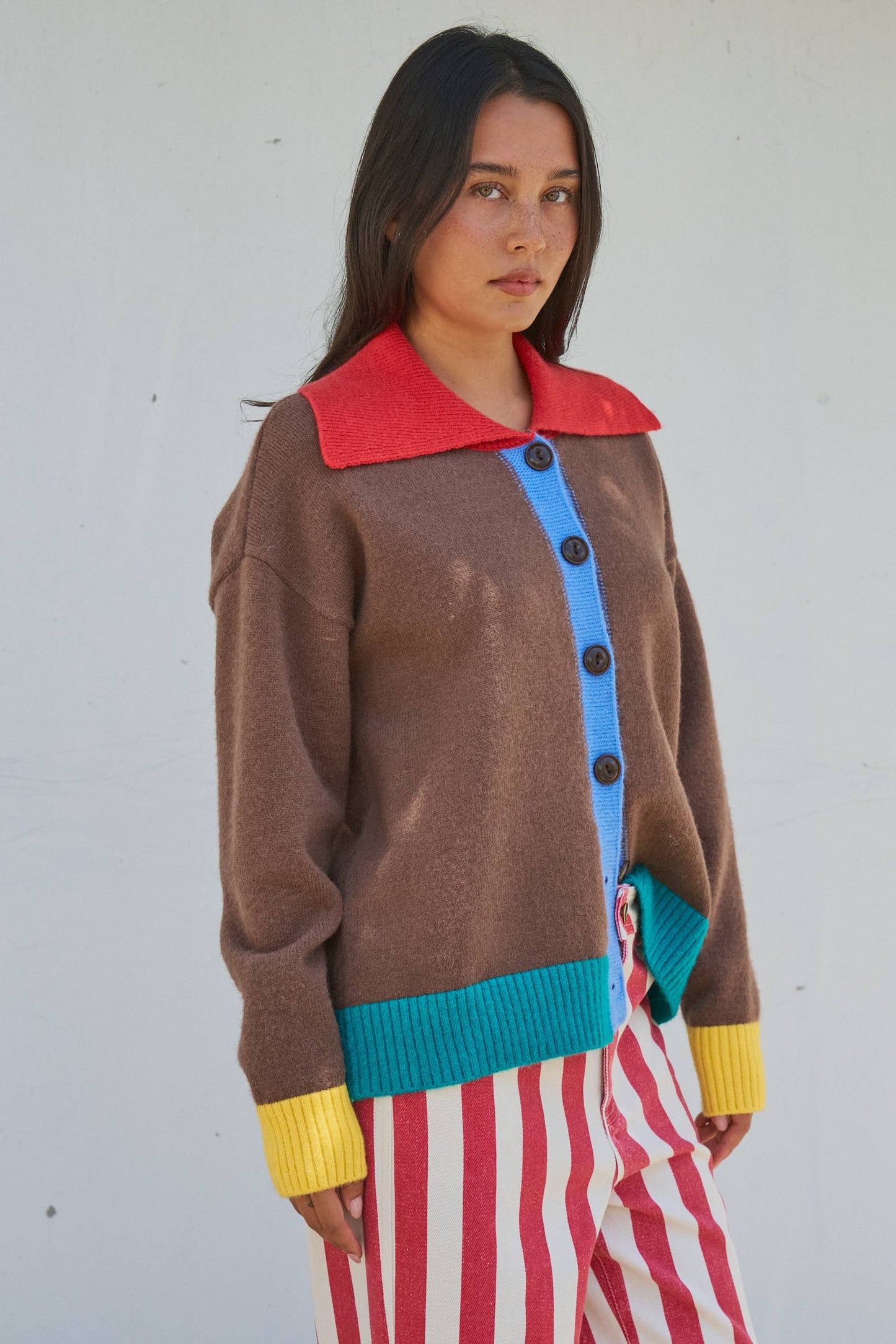 Colorblock Collared Button-Down Knit Cardigan