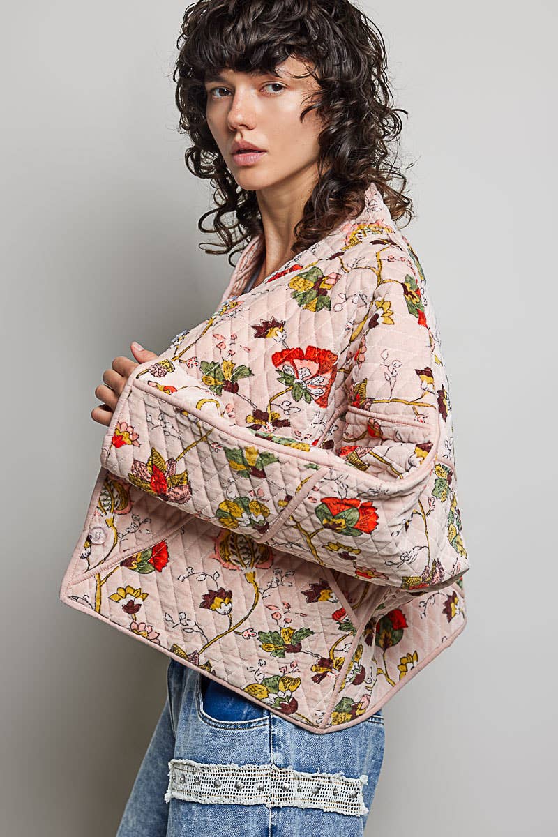 Contrast Piping Quilted Velvet Cropped Kimono Jacket