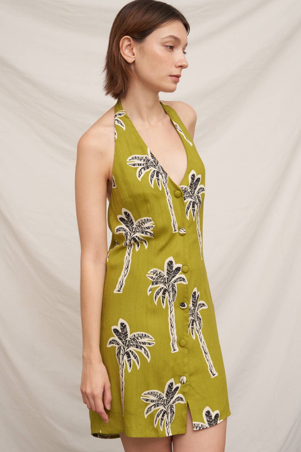Halter Neck Palm Tree Print Mini Dress