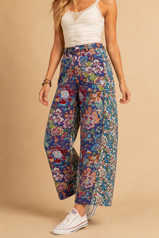 Tapestry Mixed-Print Wide-Leg Barrel Fit Pants