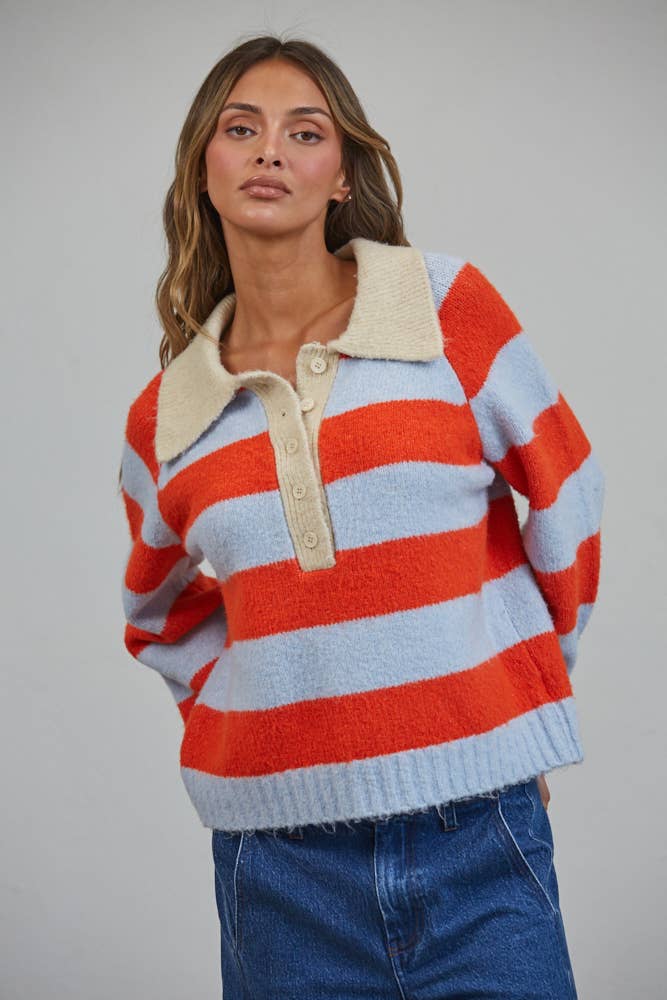 Striped Polo Color Block Henley Sweater