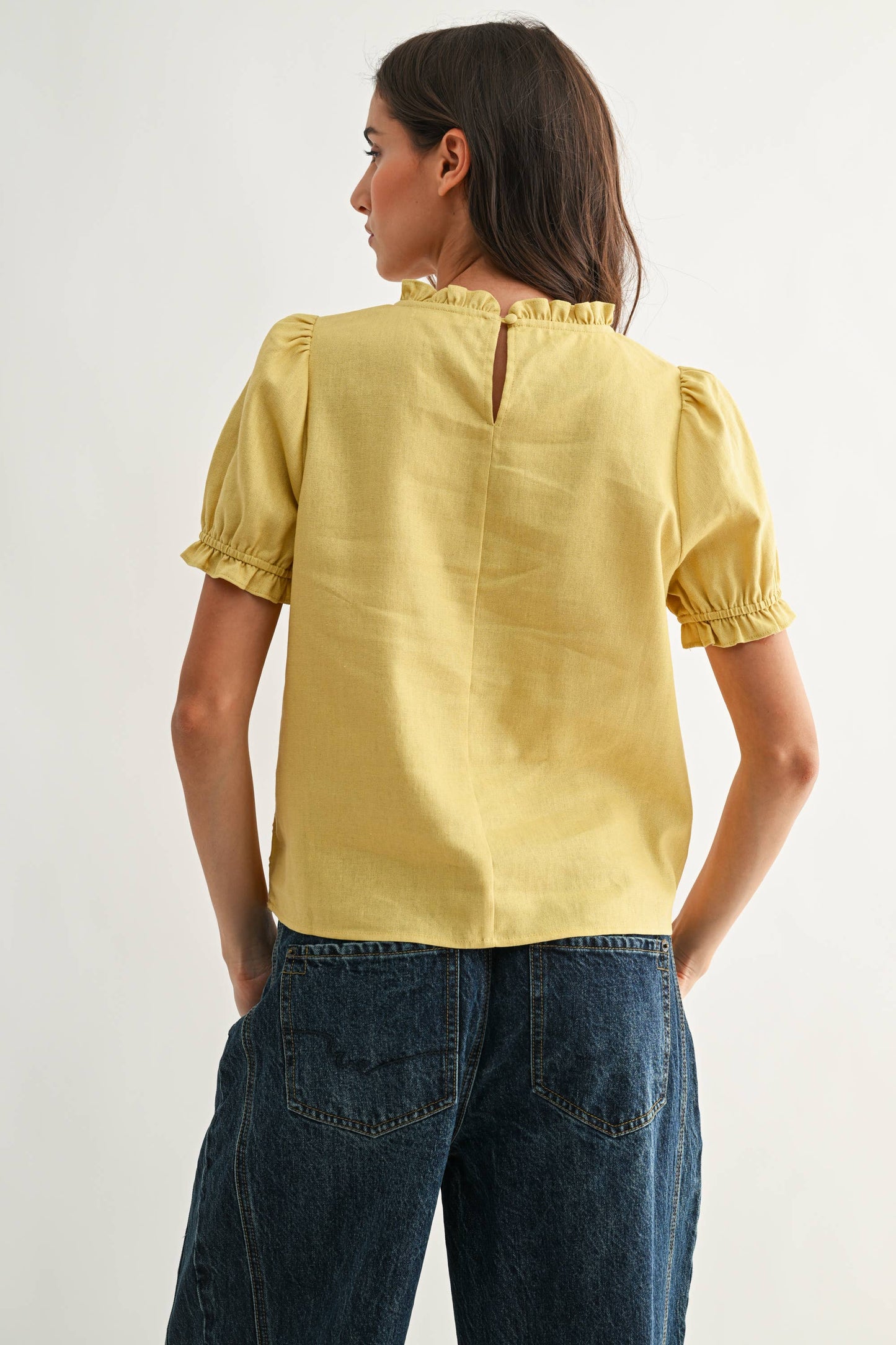 Embroidered Ruffle Linen Blouse