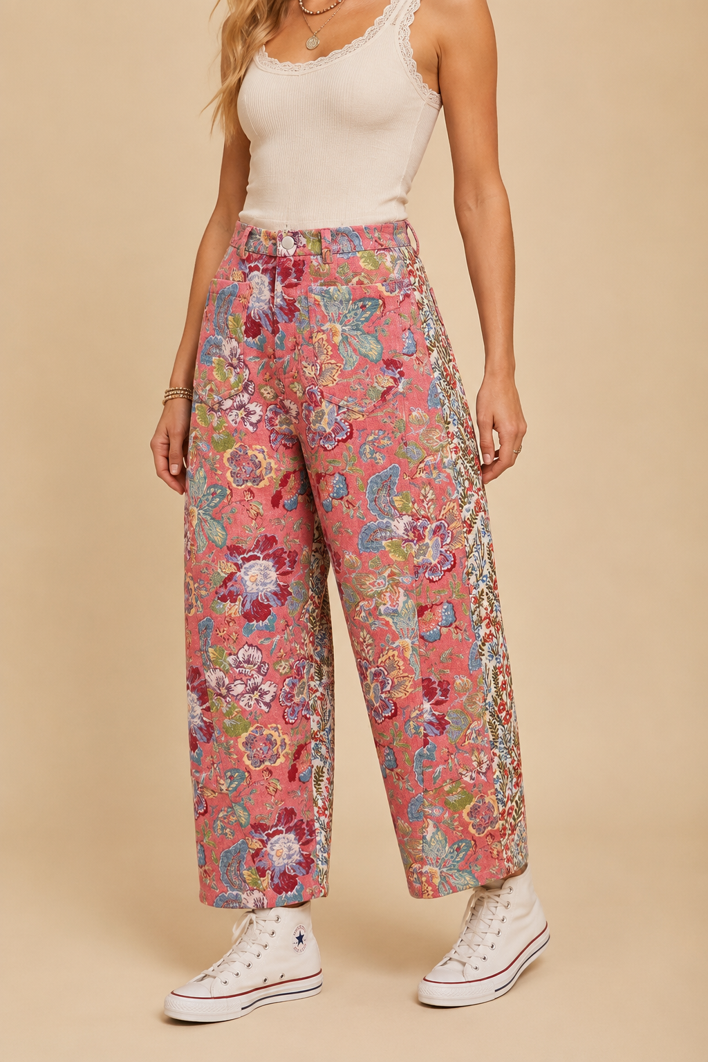 Tapestry Mixed-Print Wide-Leg Barrel Fit Pants