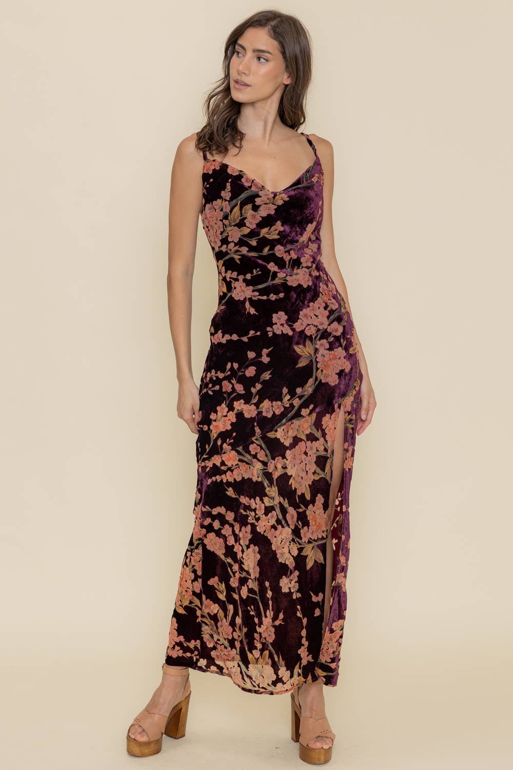 Velvet Cowl Neck Maxi Dress