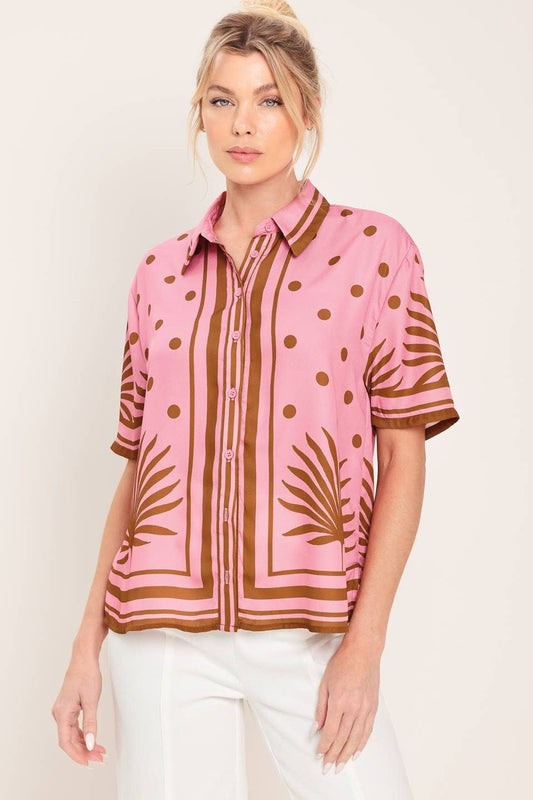 Palm Print Button Front Blouse