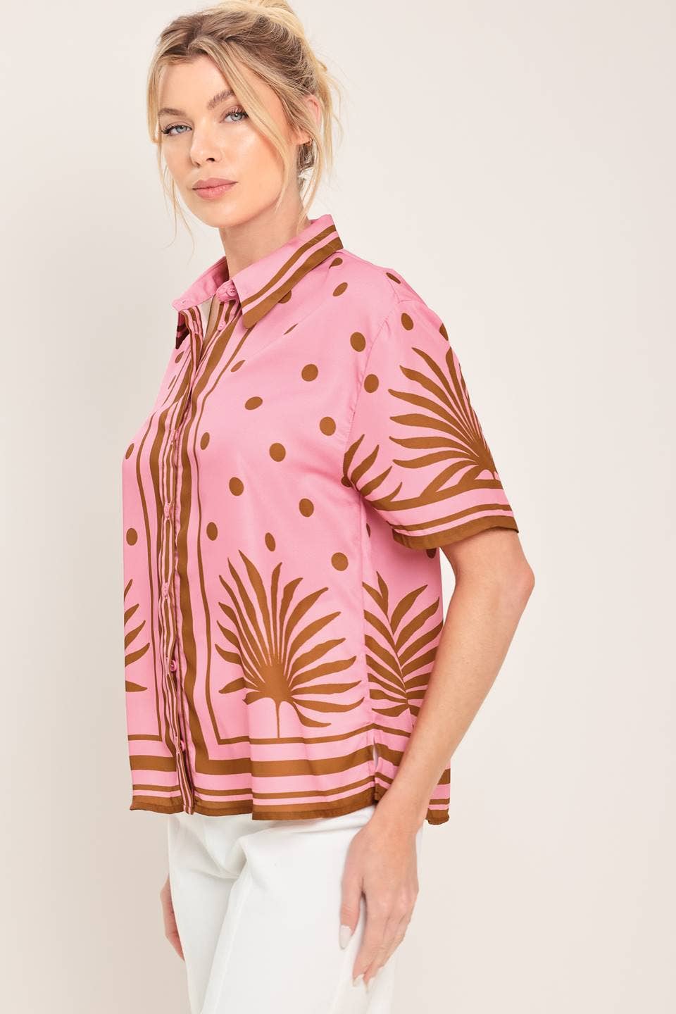 Palm Print Button Front Blouse