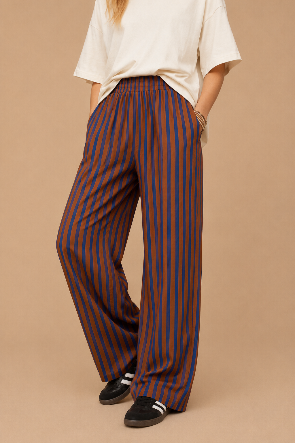 Striped Wide-Leg Pull-On Pants