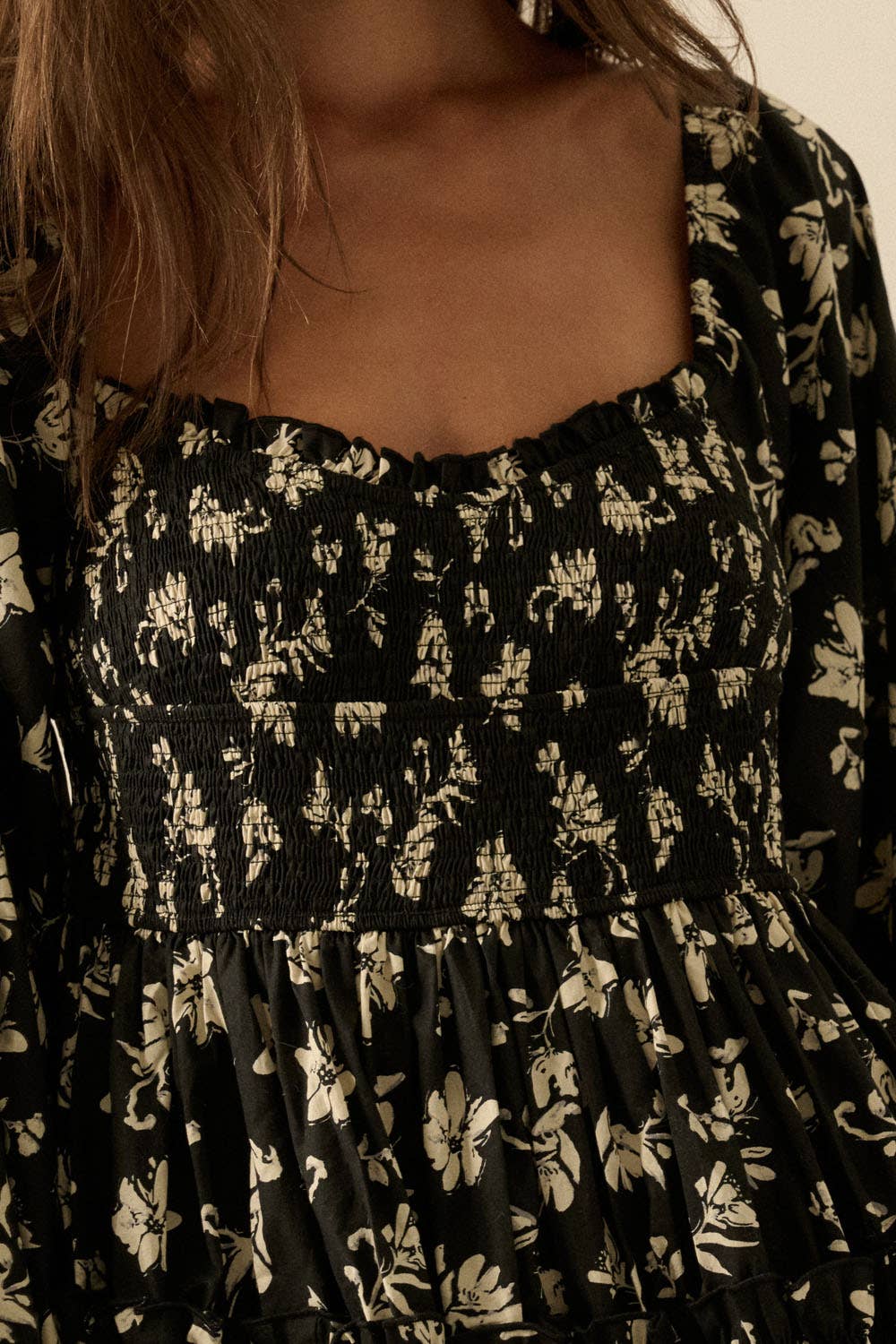 Floral-Print Smocked Bubble-Sleeve Midi Dress