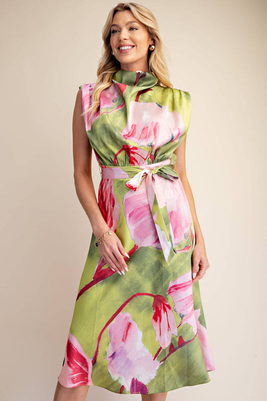 Floral Cowl Neck Sleeveless Midi Dress