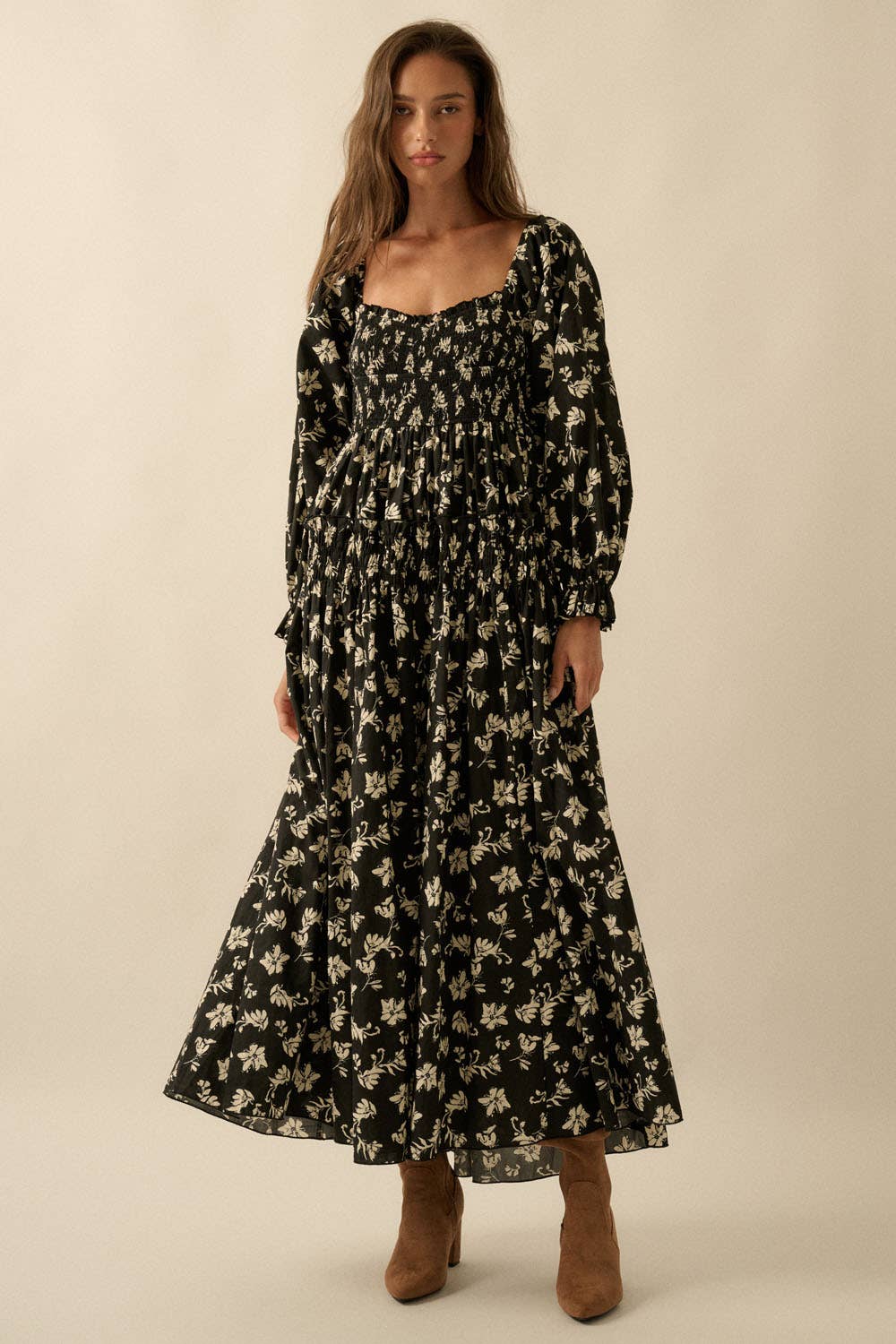 Floral-Print Smocked Bubble-Sleeve Midi Dress