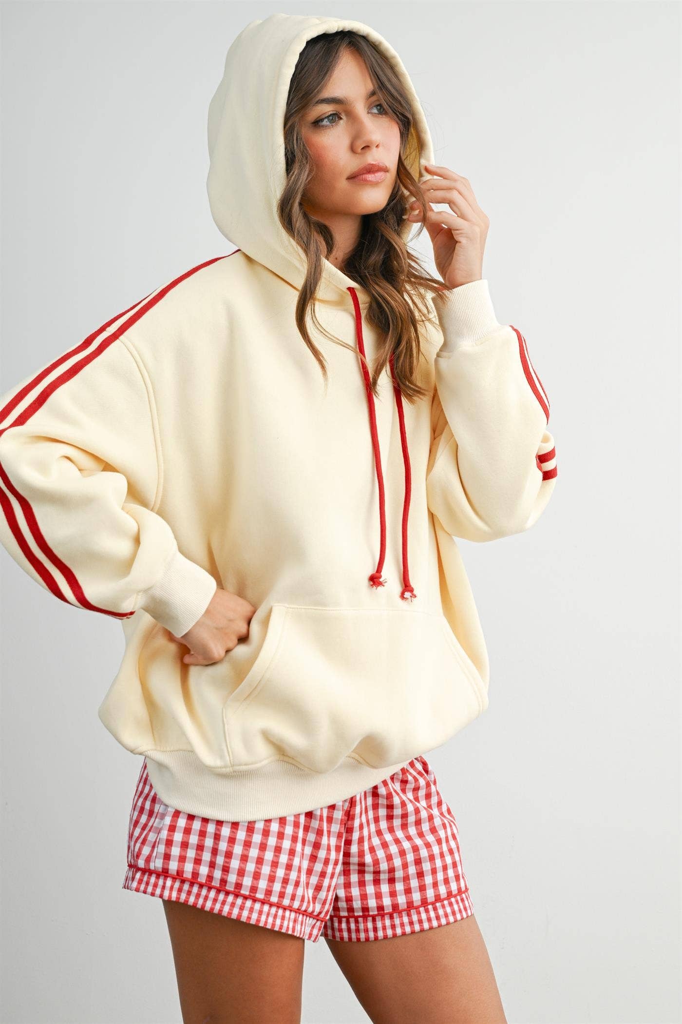 Contrast Striped  Drawstring Hoodie