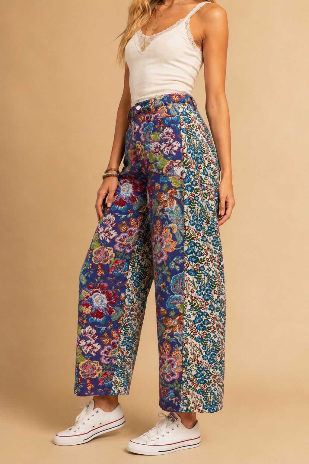 Tapestry Mixed-Print Wide-Leg Barrel Fit Pants