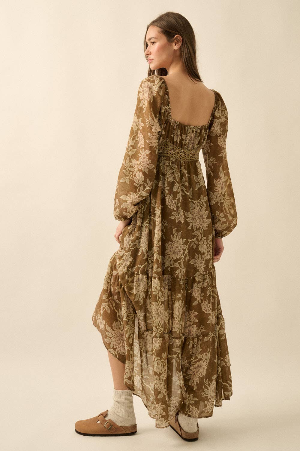 Floral Bubble-Sleeve Button-Front Maxi Dress