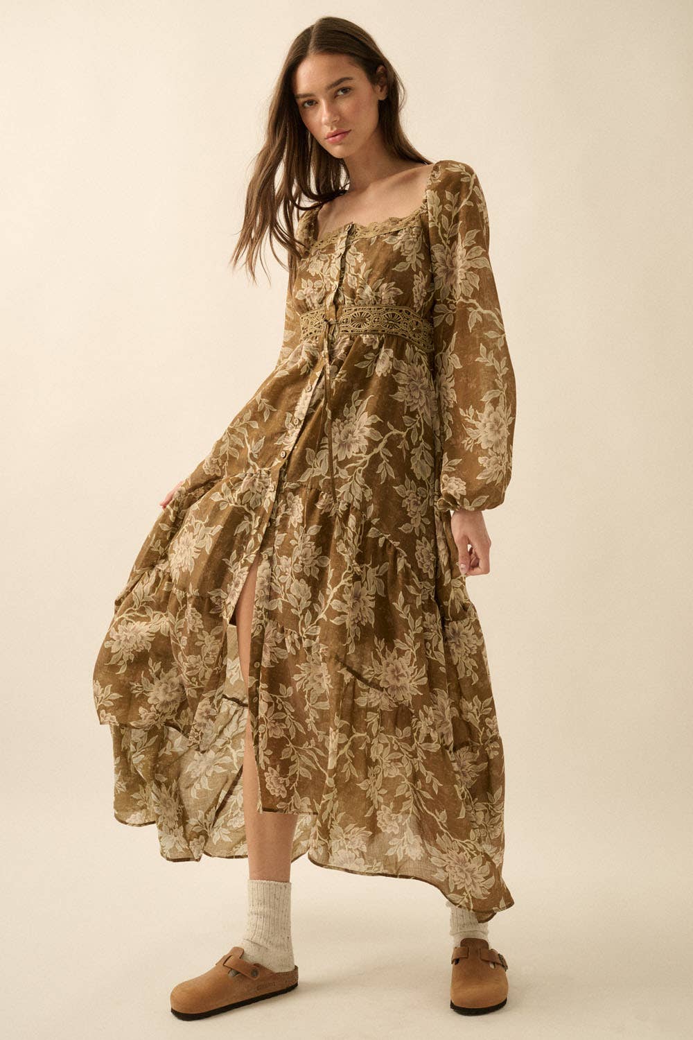 Floral Bubble-Sleeve Button-Front Maxi Dress