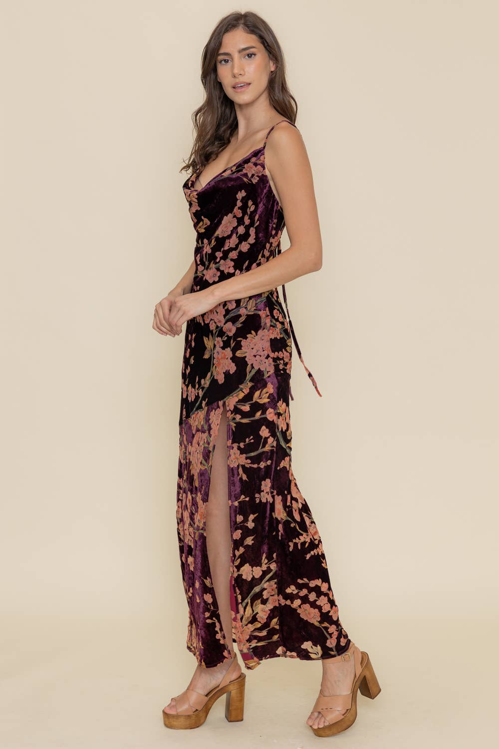 Velvet Cowl Neck Maxi Dress