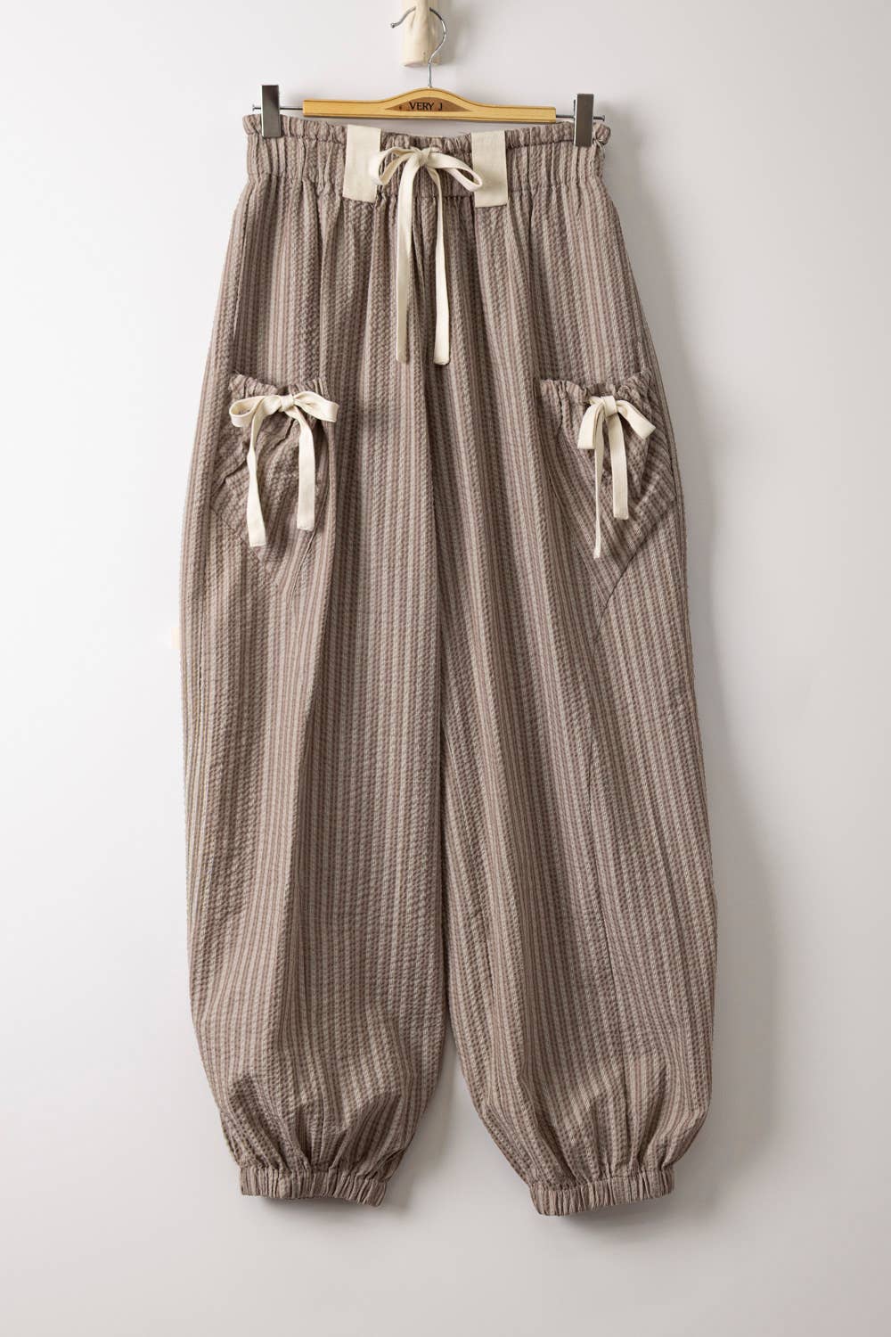 Bow Detail Stripe Textured Woven Balloon Pants