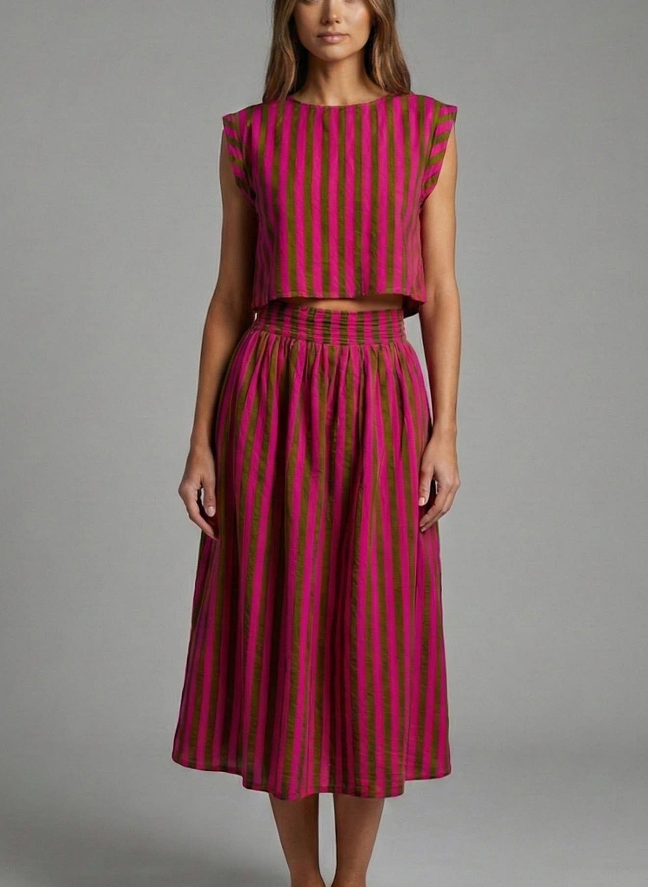 Stripe Woven Pintuck Midi Skirt