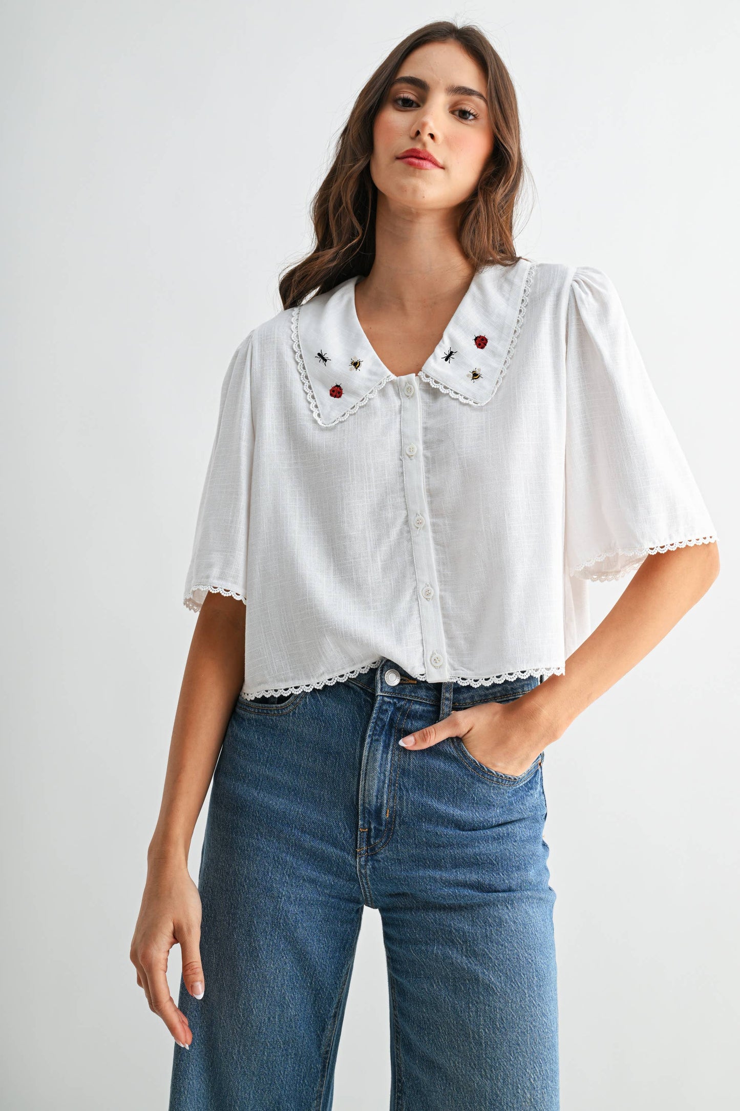 Ladybug Embroidered Cotton Blouse