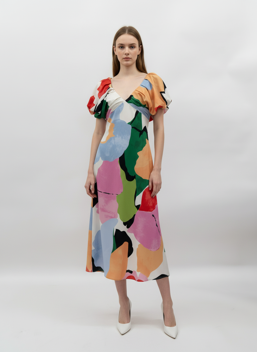 Puff Sleeve Watercolor Maxi Dress