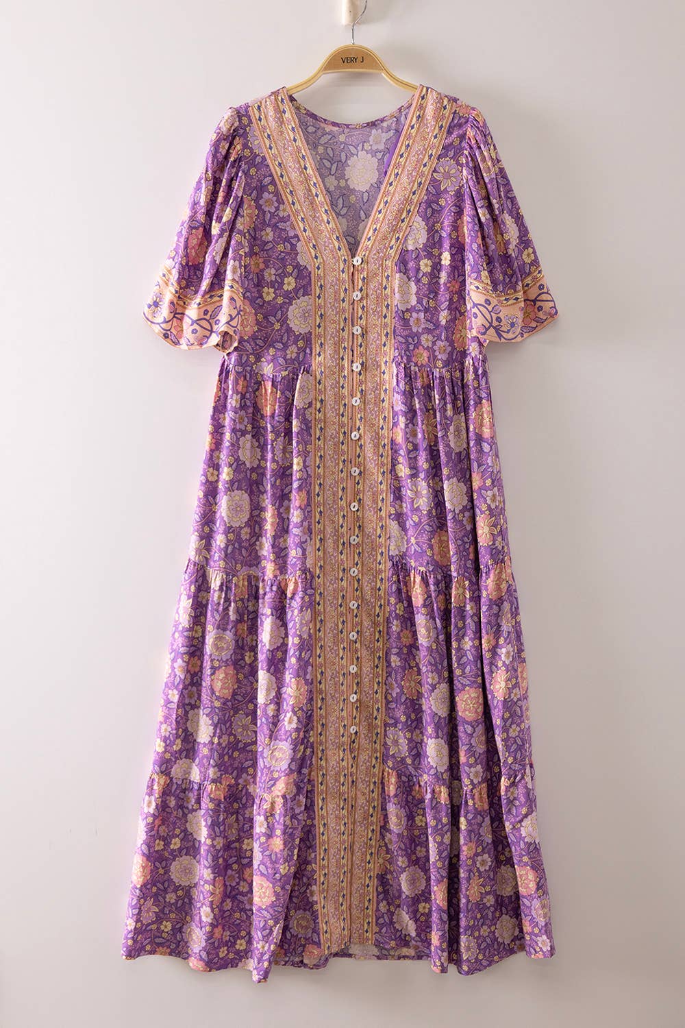Boho Floral Button-Front Tiered Dress