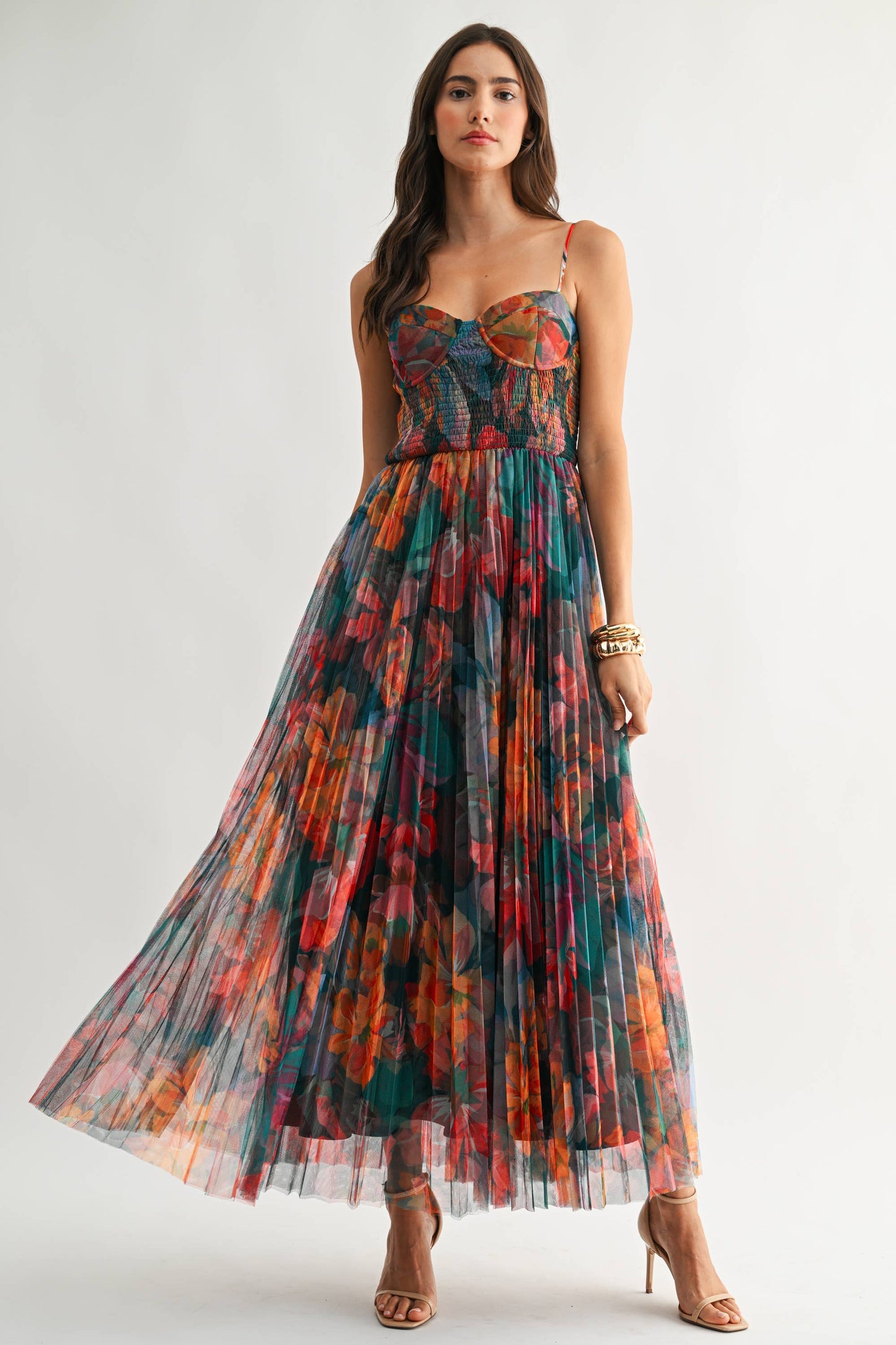 Pleated Floral Tulle Maxi Dress