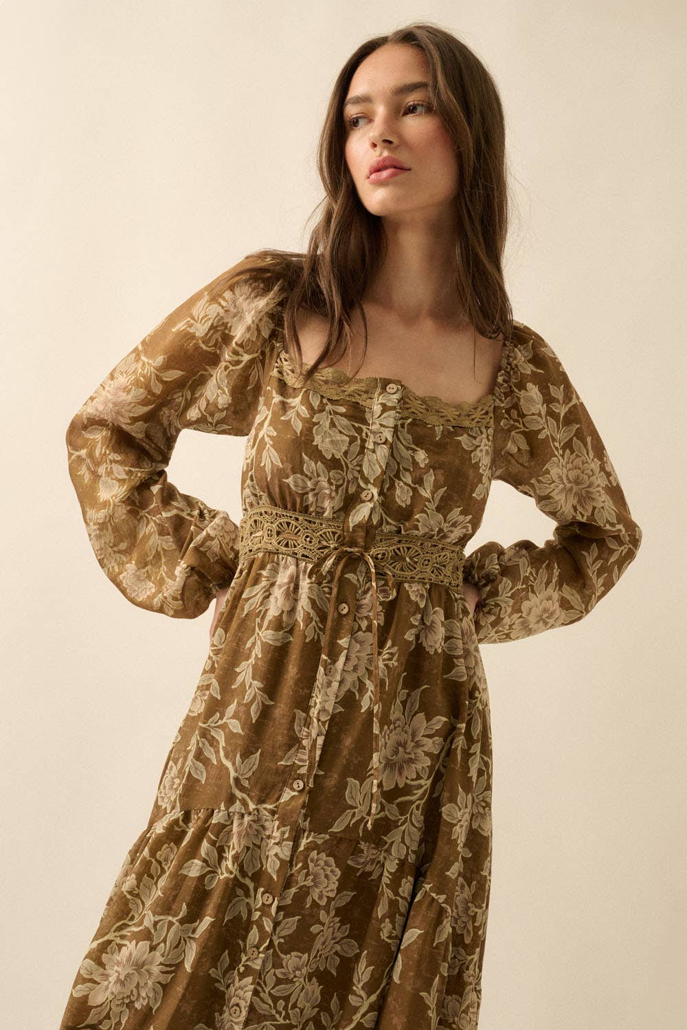 Floral Bubble-Sleeve Button-Front Maxi Dress